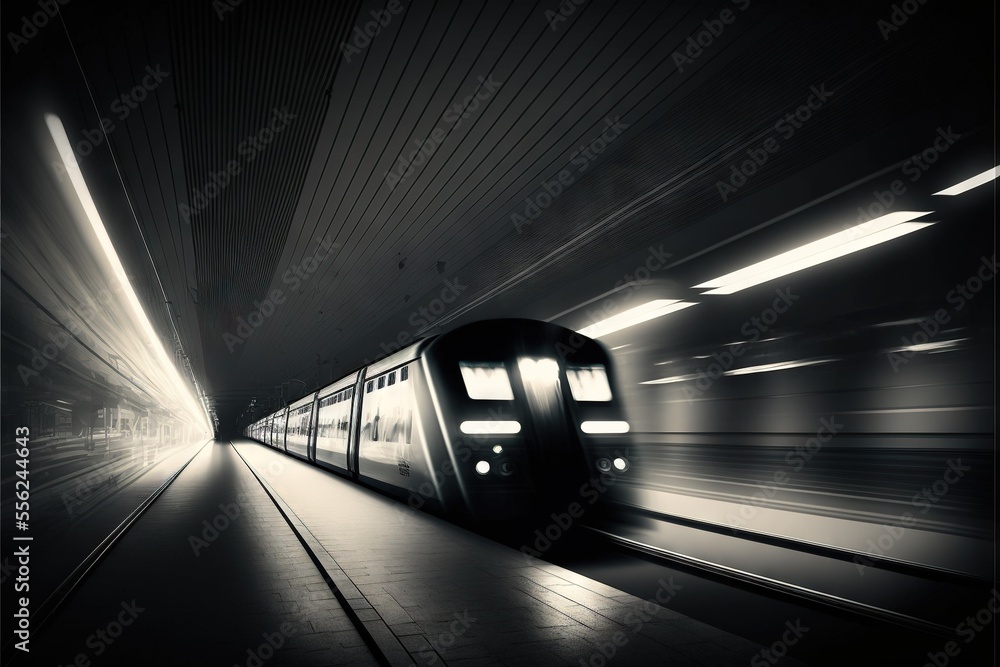 Poster a train is moving through a tunnel with lights on it's side and a person standing on the platform., 