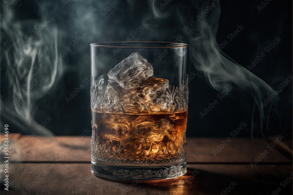 Poster a glass of whiskey with ice and smoke on a table in the dark background with a black background and 