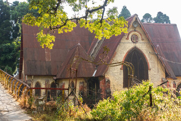 An old abandoned church at Dowhill, Kursheong, West Bengal, India in the evening. Haunted Church of Dowhill.
