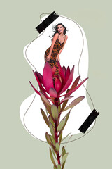 Vertical creative photo collage illustration of fancy nice gorgeous pretty girl standing on flower isolated on grey color background