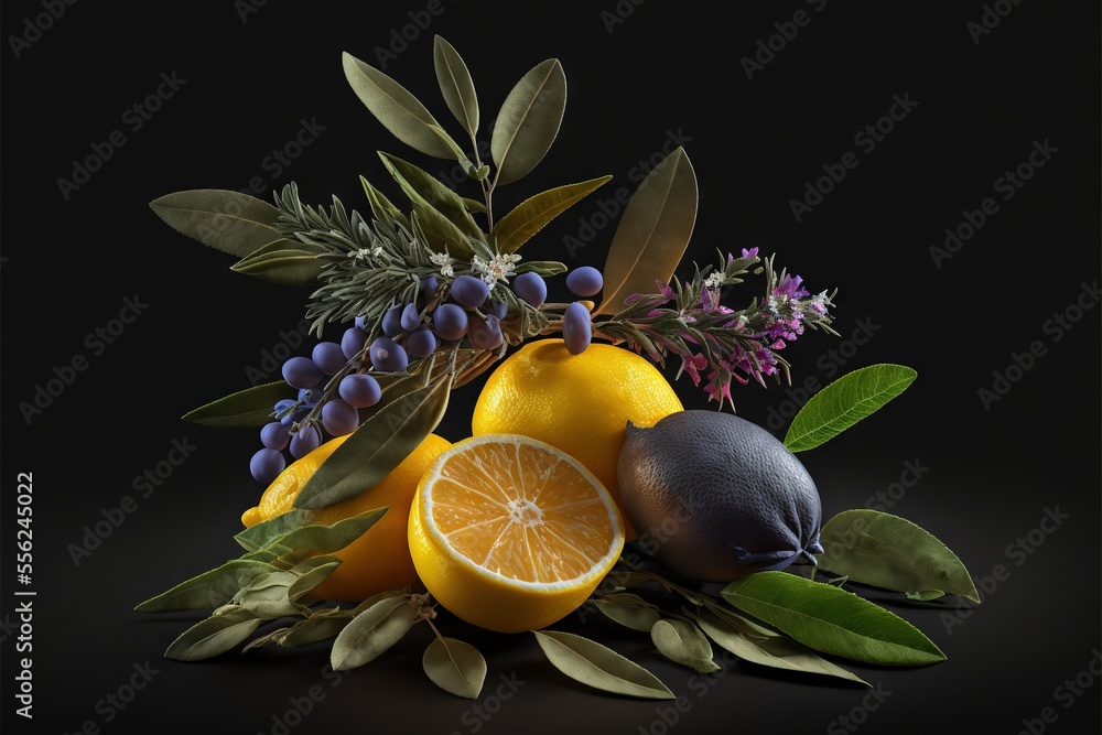 Poster a bunch of fruit that are sitting on a table together with leaves and berries on it., generative ai