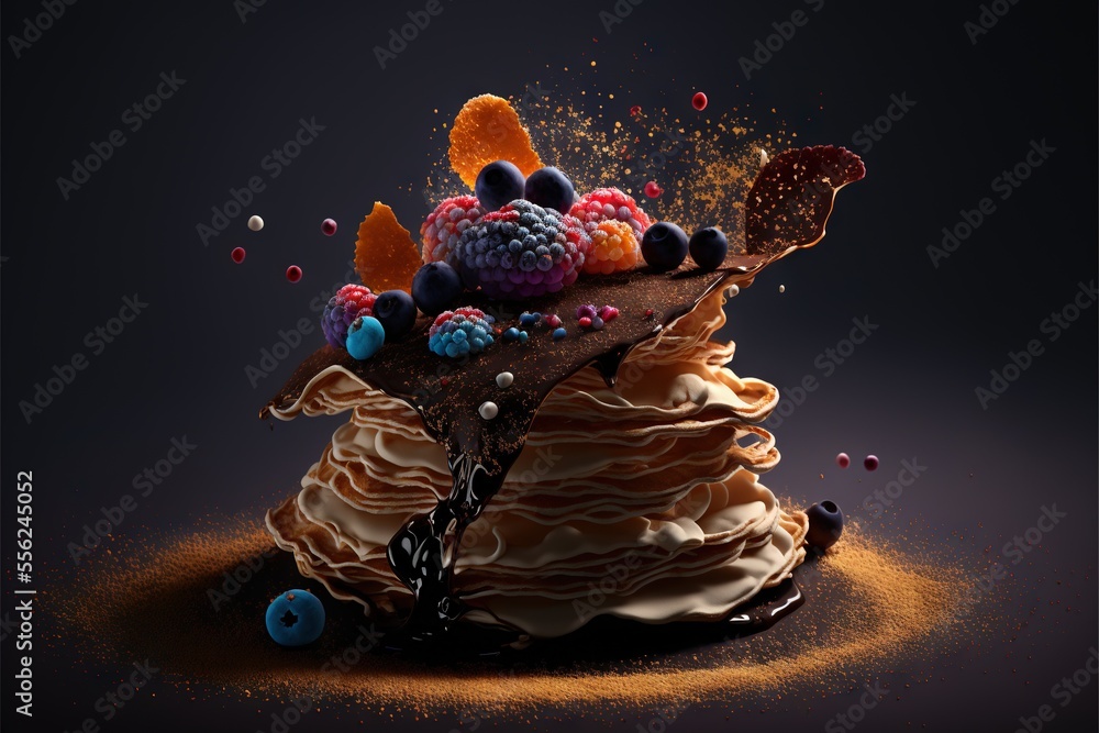 Aufkleber a cake with chocolate icing and fruit on top of it., generative ai