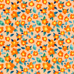 Floral seamless pattern of Watercolor painted floral  bright orange flowers. Aquarelle art. On light background. For fabric, sketchbook, wallpaper, wrapping paper.