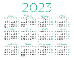 Calendars in Spanish for  2023 on a white background. Calendar grids, pocket calendar. Vector illustration. The week starts on Monday.