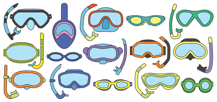 Masks for swimming vector color set icon. Isolated color set icon underwater glasses . Vector illustration masks for swimming on white background.