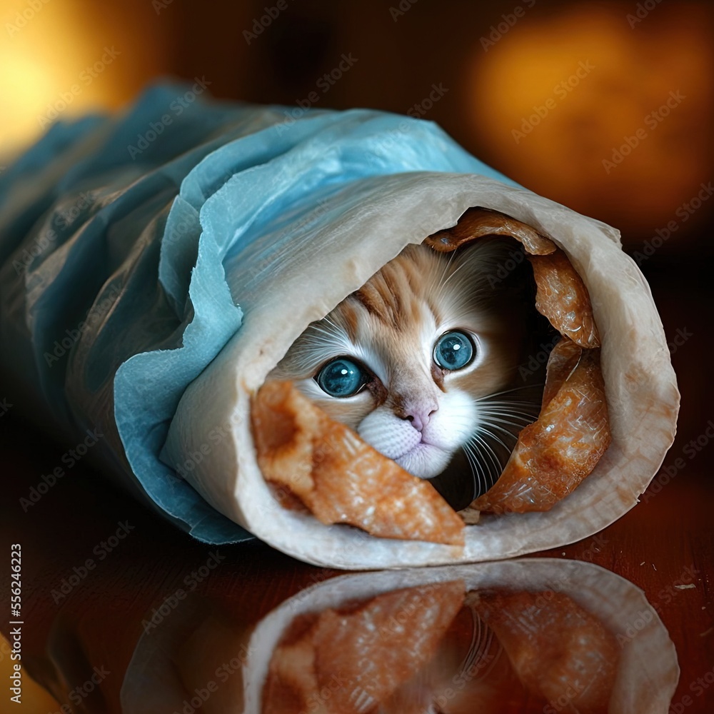 Poster a cat is peeking out of a bag of food on a table with a reflection on the table top., generative ai