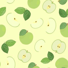 Seamless pattern with whole green apples and slices with leaves on a light yellow background, digital drawing.
