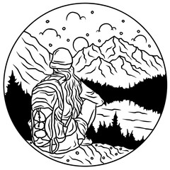 Outdoor hiking vector logo drawing design	