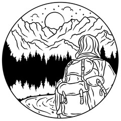 Outdoor hiking vector tattoo drawing design	