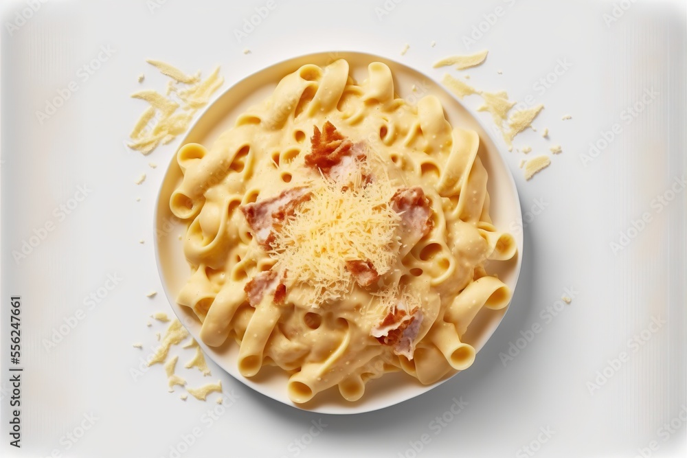 Poster a plate of pasta with bacon and cheese on it on a white surface with scattered parmesan cheese., gen