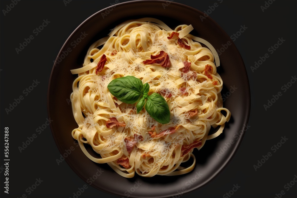 Poster a plate of pasta with bacon and basil on a black plate with a black background and a green leaf., ge