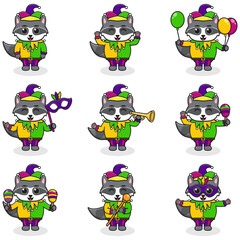 Vector illustration Raccoon wearing mardi gras clothes in different poses isolated on white background. A cartoon illustration of a Mardi Gras Raccoon . Mardi Gras jester, set.
