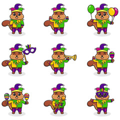 Vector illustration Squirrel wearing mardi gras clothes in different poses isolated on white background. A cartoon illustration of a Mardi Gras Squirrel. Mardi Gras jester, set. - obrazy, fototapety, plakaty