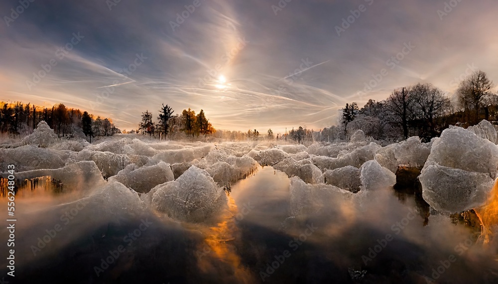 Poster a lake filled with lots of ice covered water under a cloudy sky with trees in the background and a s