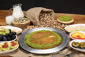 wicker kunefe with goat cheese kadayif dessert