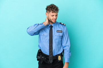 Young police blonde man isolated white on blue background with neckache