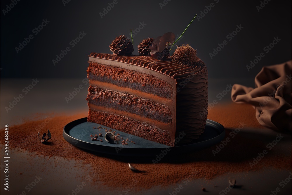 Poster a piece of chocolate cake on a plate with a knife and fork on the plate and a napkin on the table., 