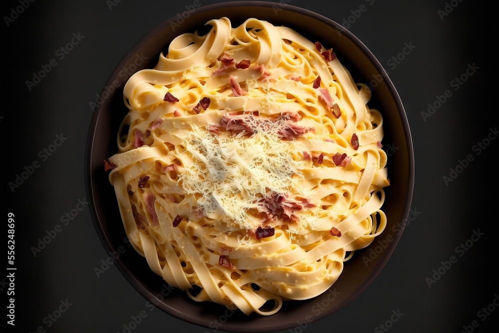 Aufkleber a bowl of pasta with bacon and cheese on top of it on a black surface with a black background., gene
