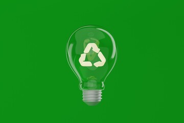 clear light bulb with recycling symbol on green background. recycling concept 3d illustration