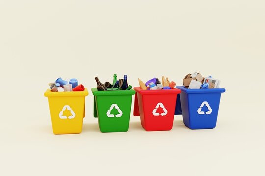 colors waste recycling bin. waste management recycling concept. 3d illustration
