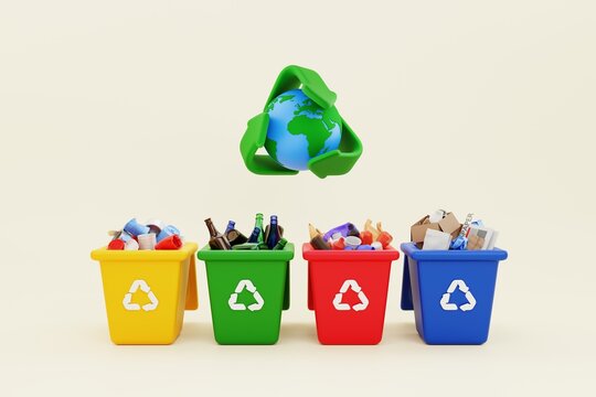 colors waste recycling bin. waste management recycling concept. recycle symbol and earth 3d illustration