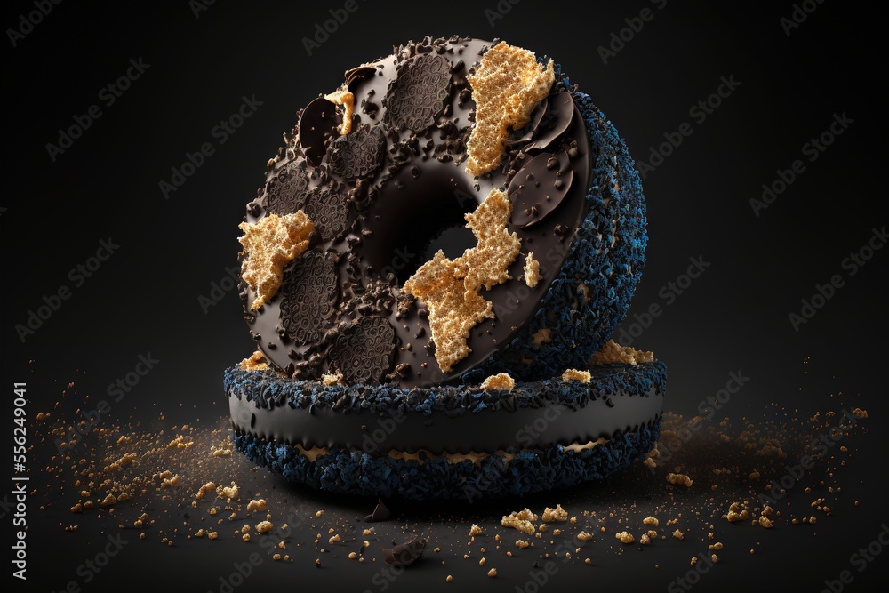 Aufkleber a chocolate donut with a star on top of it on a black background with sprinkles., generative ai