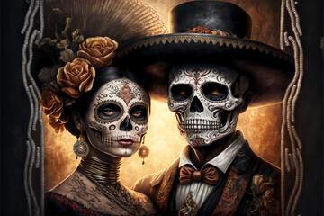 Two Mexican Day of the Dead skulls or skeletons. Generative AI. - obrazy, fototapety, plakaty