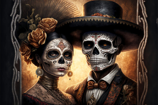 Two Mexican Day of the Dead skulls or skeletons. Generative AI.