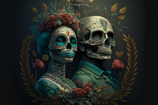 Two Mexican Day of the Dead skulls or skeletons. Generative AI.