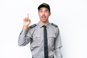 Young safeguard man over isolated white background intending to realizes the solution while lifting a finger up