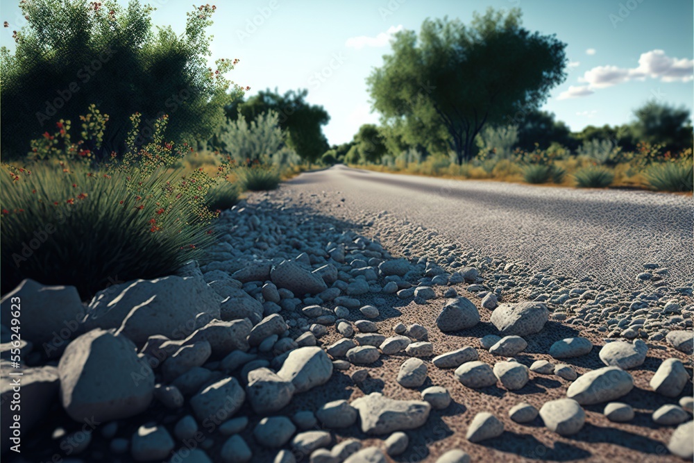 Poster a road with rocks and grass on both sides of it and a bush in the middle of the road., generative ai