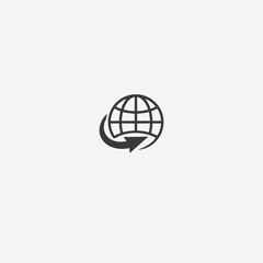 Globe rotation icon, rotating world map globe earth icon with arrow.