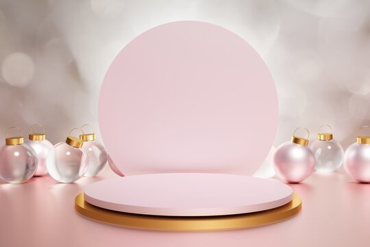 3d render of beautiful metallic pink and gold xmas baubles with a golden podium on a bokeh background