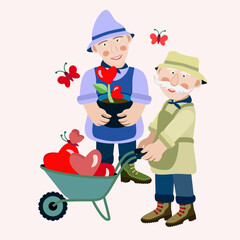 Vector - two gardeners with growing hearts.