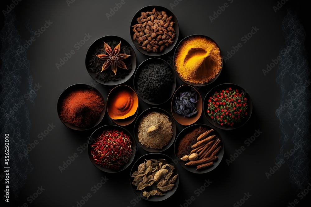 Poster a group of bowls filled with different types of spices and spices on a black surface with a black ba