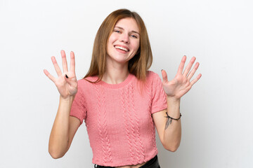 Young English woman isolated on white background counting nine with fingers