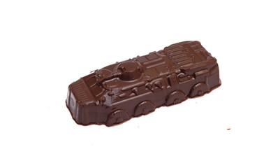 figurine tank made of milk chocolate on a white background