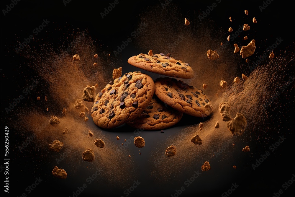 Poster a pile of cookies with chocolate chips falling out of them on a black background with dust around th