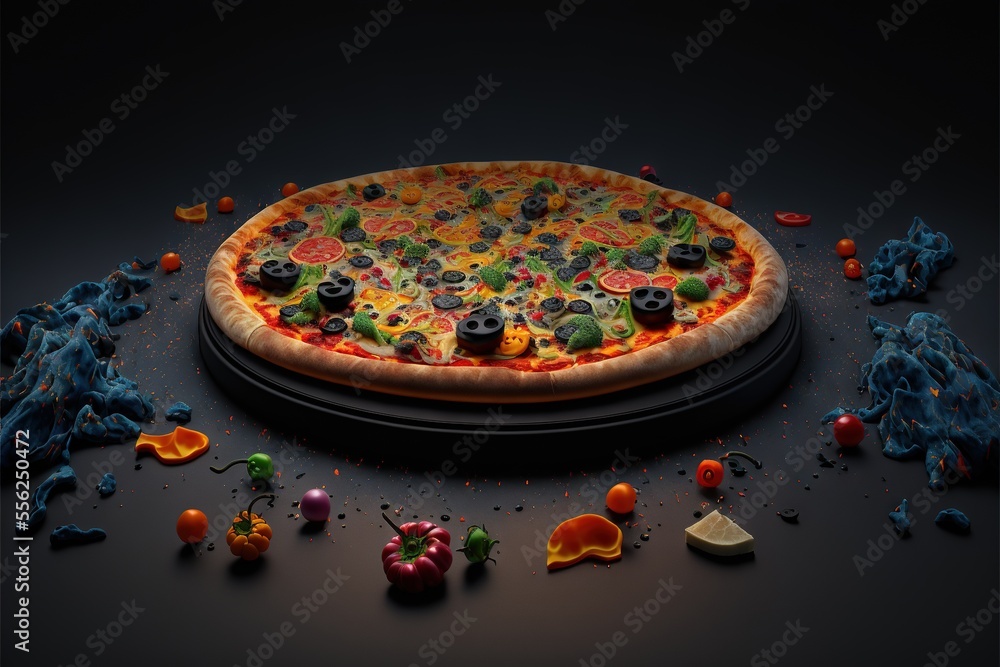 Poster a pizza with many toppings on a black surface with a black background and scattered confetti around it., generative ai