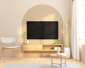 Minimalist living room decorated with wood tv cabinet and armchair. 3d rendering