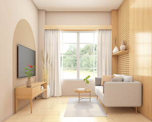 Japandi style living room decorated with minimalist sofa and tv cabinet.3d rendering