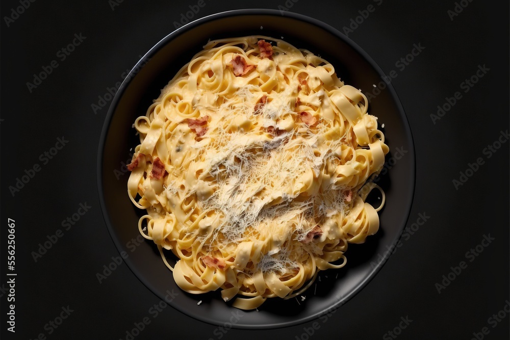 Aufkleber a plate of pasta with cheese and bacon on it on a black table top with a black background and a blac