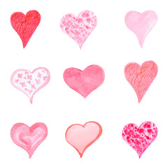 Pink and red hearts drawn in a primitive style
