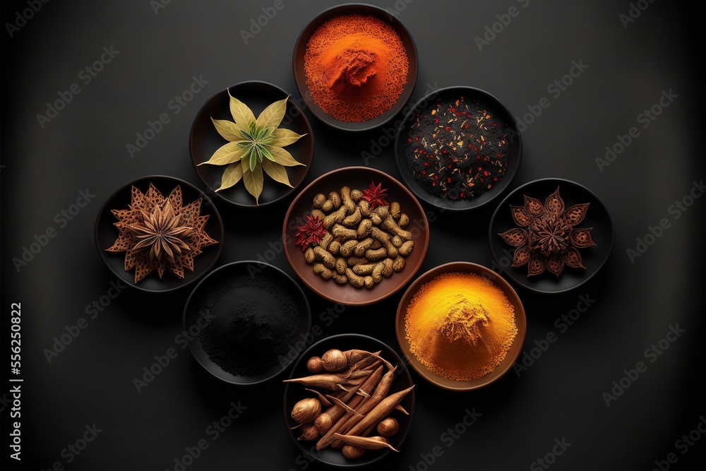 Poster a group of bowls filled with different types of spices and herbs on a table top with a black backgro