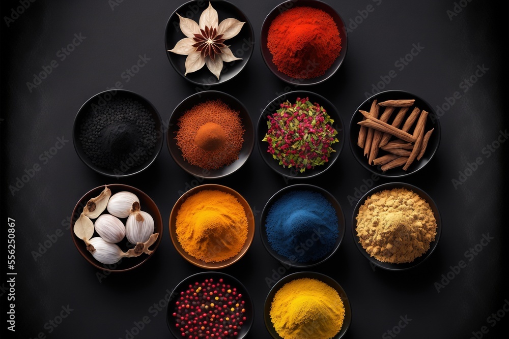 Poster a group of bowls filled with different colored powders and spices on a table top next to a flower., 