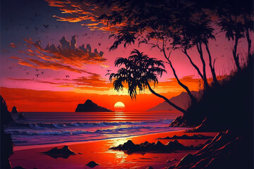Fototapeta na wymiar Beautiful sunset on the beach. Illustration. Generative AI.