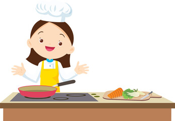 Cooking children girl Little kid making delicious food professional chef