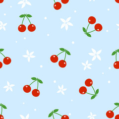 Seamless pattern of cherry fruit with white flower on blue background vector.