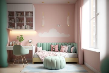 children’s bedroom,bed, long sofa-chair, sofa long, study table, pink pastel wall , natural lighting