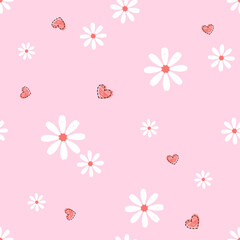 Seamless pattern with daisy flowers and hand drawn hearts on pink background vector.